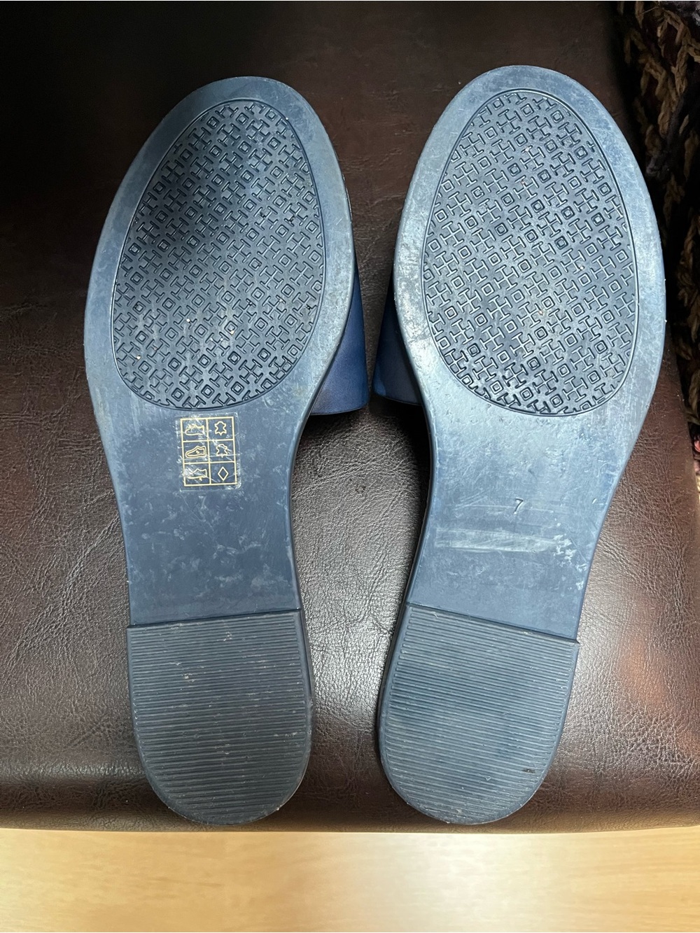 Tory Burch Navy Slide Sandals with Red and White Stripes and Gold Logo - Picture 2 of 2